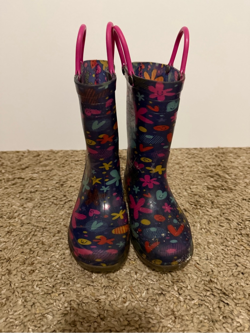 Kids Floral Pattern Rain Boots with Pink Handles